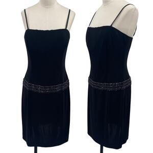 Vintage 90s Papell Boutique Mini Cocktail Dress Beaded Drop Waist Black Silver 6